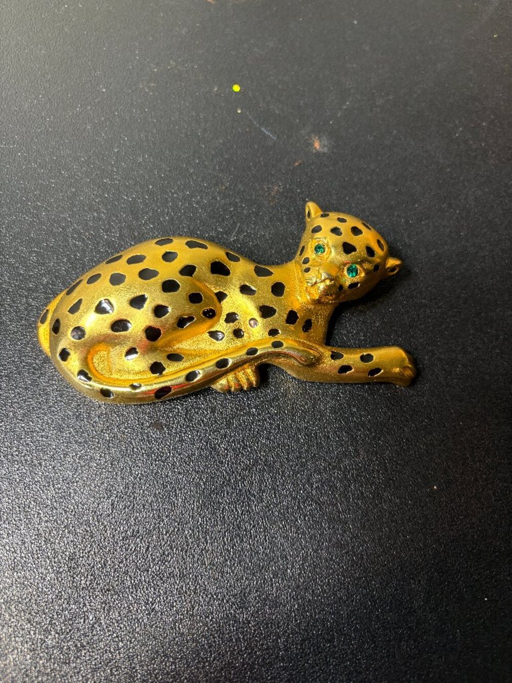 Vintage Doreen Ryan Leopard Gold Brooch with Green Jeweled Eyes